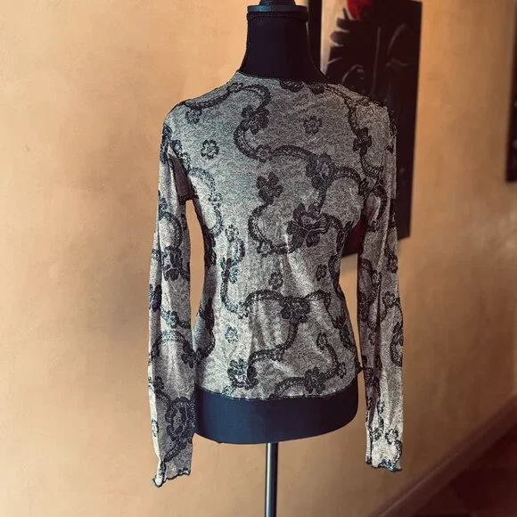 NWOT! Vintage Newport News Black Glitter Lace Floral Mesh Top Sz Small 1990s - Picture 2 of 6